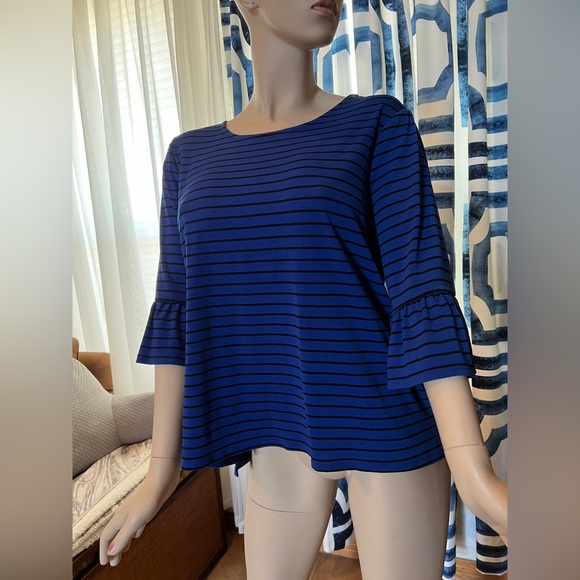 ELLE Blue and Black Stripe Bell Sleeve Top Size Large - Picture 5 of 9